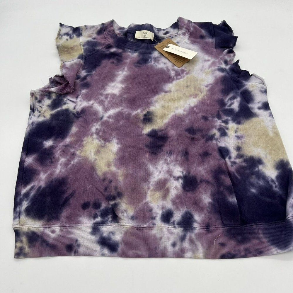 T.La Anthropologie purple Tie Dye Short Sleeve Ruffle Sweatshirt Size Large NWT